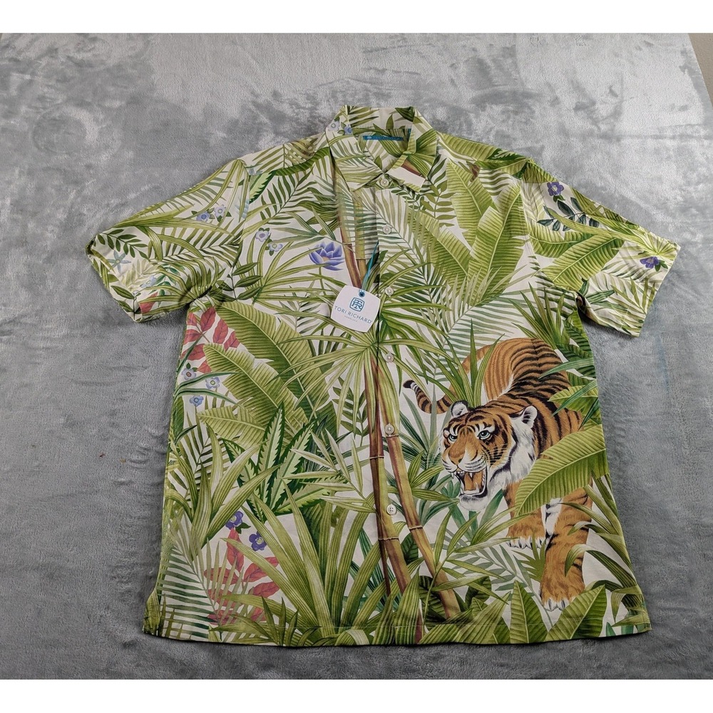 Tori Richard Shirt Men Medium Walk In The Jungle Tiger Silk Blend Aloha Camp